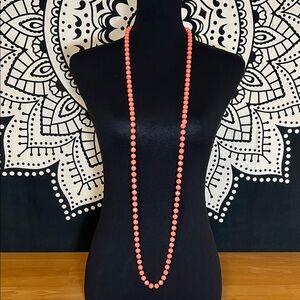 Vintage 1960’s Era Coral Colored Plastic Beaded Flapper Style Long Necklace 52”